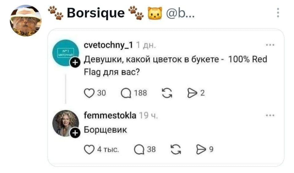 Девушки, какой цветок в букете — 100% Red Flag для вас?
Борщевик

Описание картинки:
Спонтанный вопрос о букете и неожиданный ответ. | Фото | MEME | Картинки с текстом