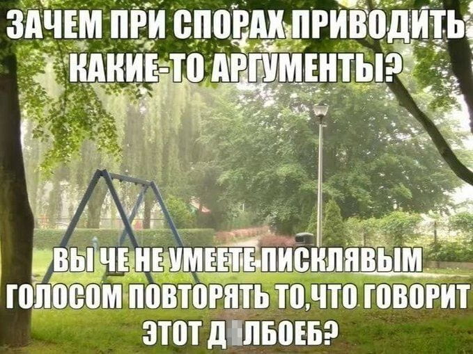 Зачем при спорах приводить какие-то аргументы? Вы чё не умеете писклявым голосом повторять то, что говорит этот д*лоеб? <br /><br /> Описание картинки: <br /> Человек делится своим мнением о спорах и аргументах.
