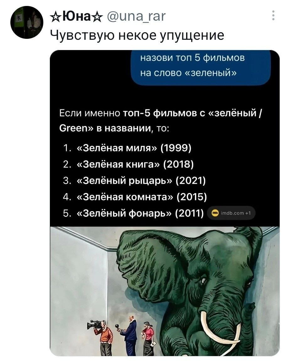 Чувствую некое упущение

Назови топ 5 фильмов на слово «зелёный»

Если именно топ-5 фильмов с «зелёный / Green» в названии, то:
1. «Зелёная миля» (1999) 2. «Зелёная книга» (2018) 3. «Зелёный рыцарь» (2021) 4. «Зелёная комната» (2015) 5. «Зелёный фонарь» (2011)

Описание картинки:
Список из пяти фильмов, в названии которых есть слово «зелёный».