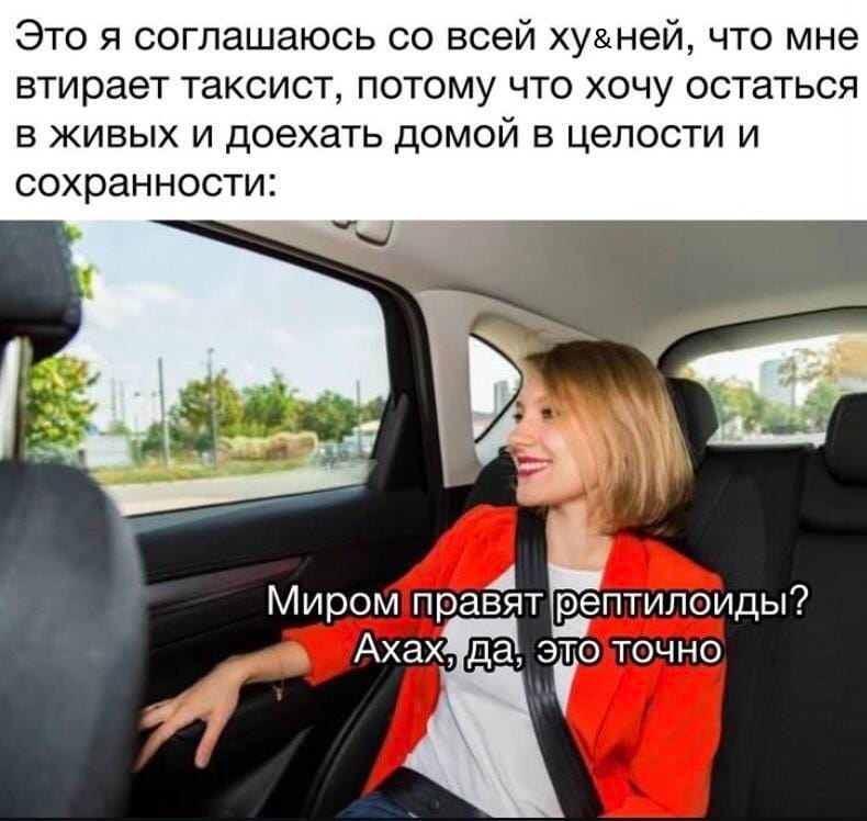Это я соглашаюсь со всей ху&ней, что мне втирает таксист, потому что хочу остаться в живых и доехать домой в целости и сохранности:
Миром правят рептилоиды? Ахах, да, это точно

Описание картинки:
Человек соглашается с таксистом, чтобы остаться в живых.