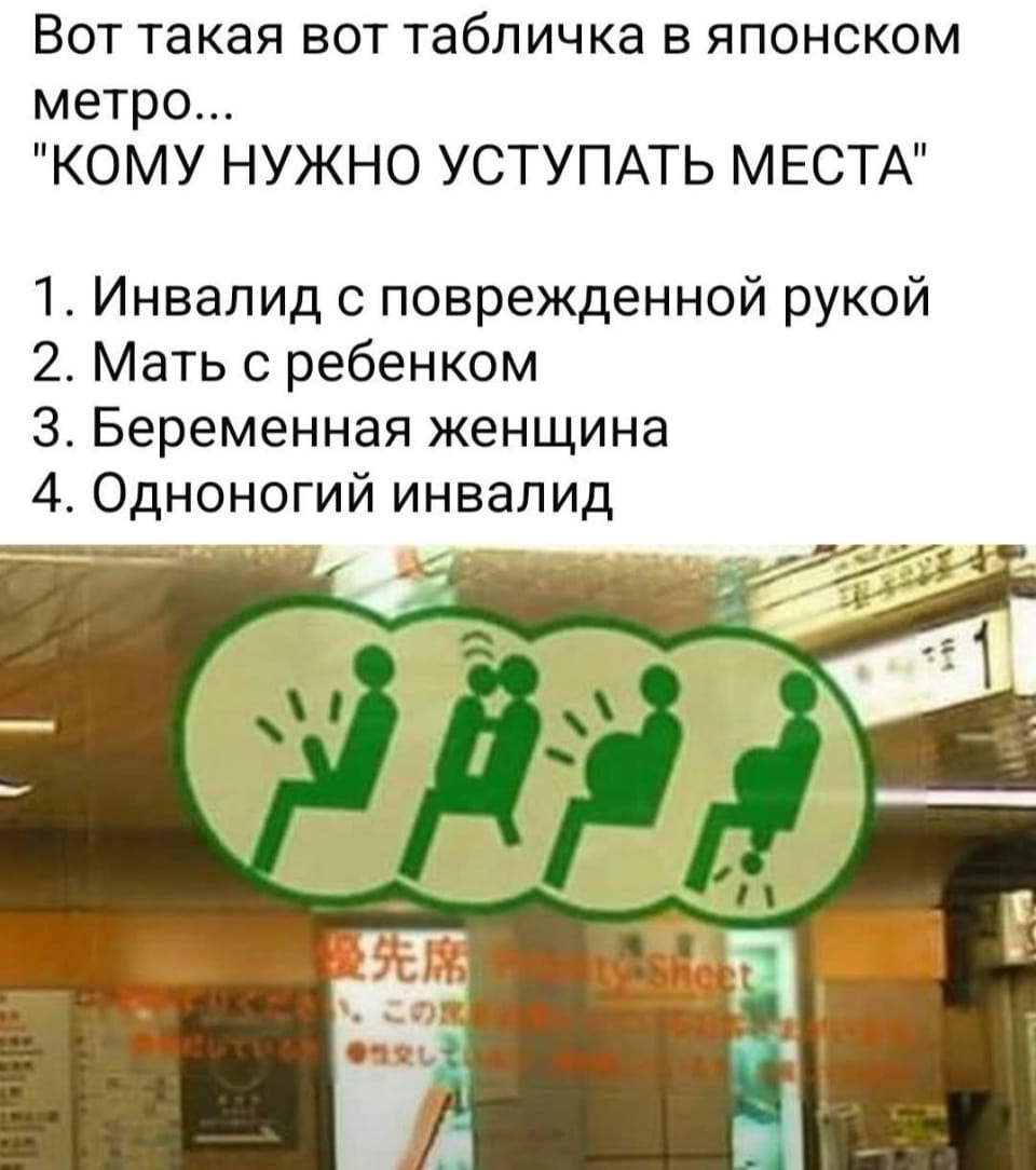 Вот такая вот табличка в японском метро… <br /> «КОМУ НУЖНО УСТУПАТЬ МЕСТА» 1. Инвалид с поврежденной рукой 2. Мать с ребенком 3. Беременная женщина 4. Одноногий инвалид ty Sheet <br /><br /> Описание картинки: <br /> Табличка в японском метро с иерархией тех, кому уступать место.