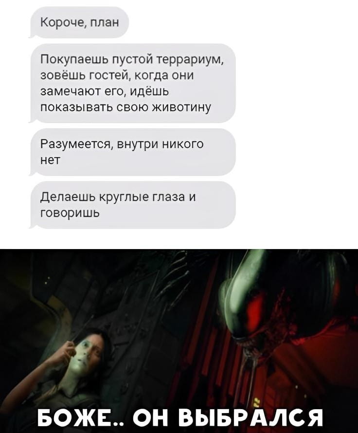 Короче, план Покупаешь пустой террариум, зовёшь гостей, когда они замечают его, идёшь показывать свою животину Разумеется, внутри никого нет Делаешь круглые глаза и говоришь БОЖЕ.. ОН ВЫБРАЛСЯ

Описание картинки:
Пустой террариум и реакция гостей на «сбежавшего» питомца.