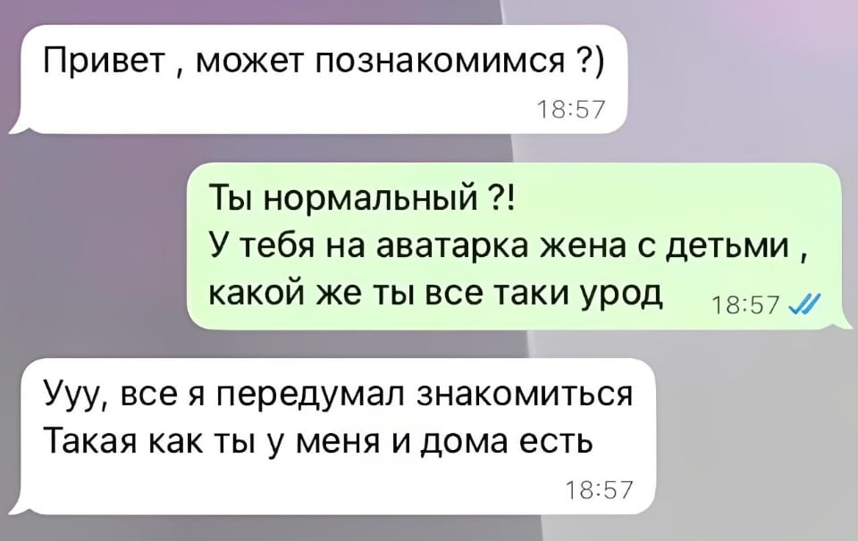 Привет, может познакомимся?) Ты нормальный?! У тебя на аватарка жена с детьми, какой же ты все таки урод Ууу, все я передумал знакомиться Такая как ты у меня и дома есть

Описание картинки:
Мужчина с женой и детьми на аватарке пытается познакомиться.