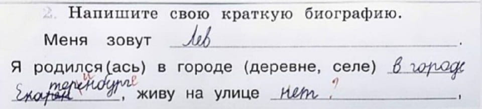 2. Напишите свою краткую биографию.
Меня зовут Лев.
Я родился (ась) в городе (деревне, селе) в городе Екатеринбурге, живу на улице нет.

Описание картинки:
Текст анкеты о биографии с необычным ответом на вопрос об улице.