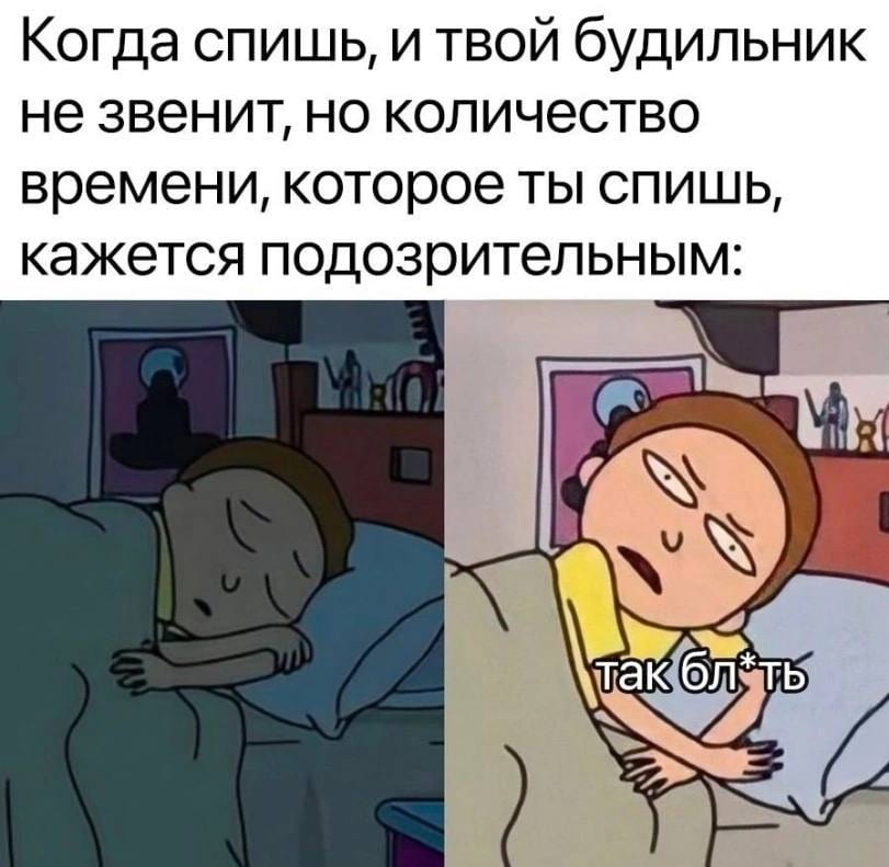 Когда спишь, и твой будильник не звенит, но количество времени, которое ты СПИШЬ, кажется подозрительным:
Так бл*ть

Описание картинки:
Текст о подозрительно долгом сне без будильника.