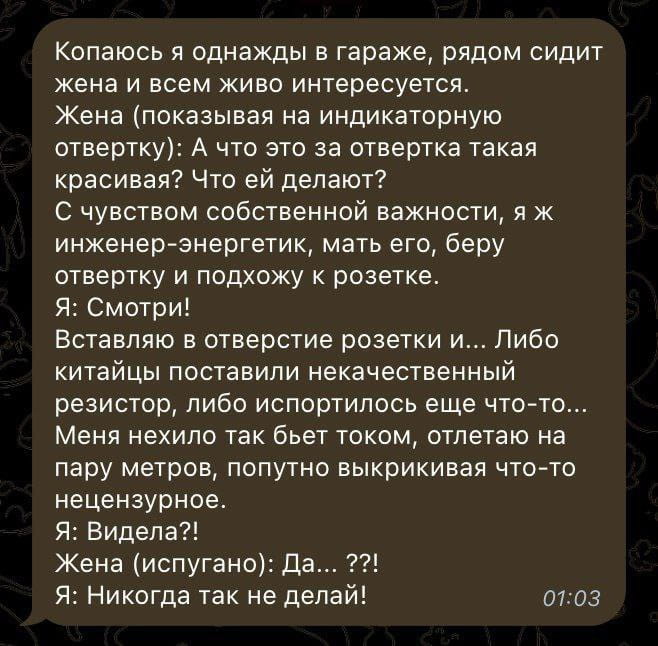 Копаюсь я однажды в гараже, рядом сидит жена и всем живо интересуется.
Жена (показывая на индикаторную отвертку): А что это за отвертка такая красивая? Что ей делают?
С чувством собственной важности, я ж инженер-энергетик, мать его, беру отвертку и подхожу к розетке.
Я: Смотри!
Вставляю в отверстие розетки и… Либо китайцы поставили некачественный резистор, либо испортилось ещё что-то… Меня нехило так бьет током, отлетаю на пару метров, попутно выкрикивая что-то нецензурное.
Я: Видела?!
Жена (испугано): Да…??!
Я: Никогда так не делай!

Описание картинки:
Муж демонстрирует жене работу индикаторной отвертки.
