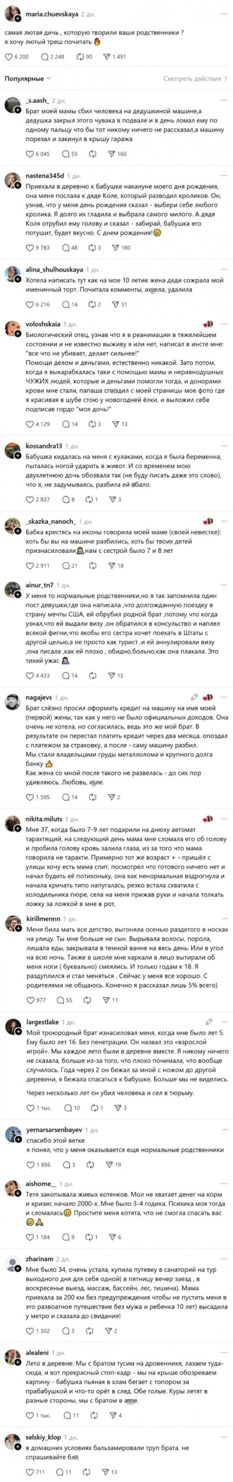 Самая лютая дичь, которую творили ваши родственники?
Я хочу лютый треш почитать Брат моей мамы сбил человека на дедушкиной машине, а дедушка закрыл этого чувака в подвале и в день ломал ему по одному пальцу что бы тот никому ничего не рассказал, а машину порезал и закинул в крышу гаража Приехала в деревню к бабушке накануне моего дня рождения, она меня послала к дяде Коле, который разводил кроликов. Он, узнав, что у меня день рождения сказал — выбери себе любого кролика. Я долго их гладила и выбрала самого милого. А дядя Коля отрубил ему голову и сказал — забирай, бабушка его потушит, будет вкусно. С днём рождения!
Хотела написать тут как на мое 10 летие жена дяди сожрала мой именинный торт. Почитала комменты, ах*ела, удалила Биологический отец, узнав что я в реанимации в тяжелейшем состоянии и не известно выживу я или нет, написал в инсте мне:
«все что не убивает, делает сильнее!» Помощи делом и деньгами, естественно никакой. Зато потом, когда я выкарабкалась таки с помощью мамы и неравнодушных ЧУЖИХ людей, которые и деньгами помогли тогда, и донорами крови мне стали, папаша сп*здил с моей страницы мое фото где я красивая в шубе стою у новогодней ёлки, и выложил себе подписав гордо «моя дочь»!
Бабушка кидалась на меня с кулаками, когда я была беременна, пыталась ногой ударить в живот. И со временем мою двухлетнюю дочь обозвала так (не буду писать даже это слово), что я, не задумываясь, разбила ей *бало.
Бабка крестясь на иконы говорила моей маме (своей невестке):
Хоть бы вы на машине разбились, хоть бы твоих детей изнасиловали нам с сестрой было 7 и 8 лет У меня то нормальные родственники, но я так запомнила один пост девушки, где она написала, что долгожданную поездку в страну мечты США, ей обрубил родной брат, потому что когда узнал, что ей выдали визу, он обратился в консульство и наплел всякой фигни, что якобы его сестра хочет поехать в Штаты с другой целью, а не просто как турист, и ей аннулировали визу, она писала, как ей плохо, обидно, больно, как она плакала. Это тихий ужас Брат слёзно просил оформить кредит на машину на имя моей (первой) жены, так как у него не было официальных доходов. Она очень не хотела, но согласилась, ведь это же мой брат. В результате он перестал платить кредит через два месяца, опоздал с платежом за страховку, а после — саму машину разбил.
Мы стали владельцами груды металлолома и крупного долга банку Как жена со мной после такого не развелась — до сих пор удивляюсь. Любовь, х*ле.
Мне 37, когда было 7-9 лет подарили на днюху автомат тарахтящий, на следующий день мама мне сломала его об голову и пробила голову кровь залила глаза, из за того что мама говорила не тарахти. Примерно тот же возраст + — пришёл с улицы хочу есть мама спит, посмотрел что готового ничего нет и начал будить её потихоньку, она как ненормальная вздрогнула и начала кричать типо напугалась, резко встала схватила с холодильника пюре, села на меня прижав руки и начала толкать ложку за ложкой в мне в рот, Меня била мать все детство, выгоняла осенью раздетого в носках на улицу. Ты мне больше не сын. Вырывала волосы, порола, лишала еды, закрывала в темной ванне на весь день. Или в угол на всю ночь. Также в школе мне харкали в лицо вытирали об меня ноги ( буквально) смеялись. И только годам к

Описание картинки:
Текстовые истории пользователей о безумных поступках родственников.