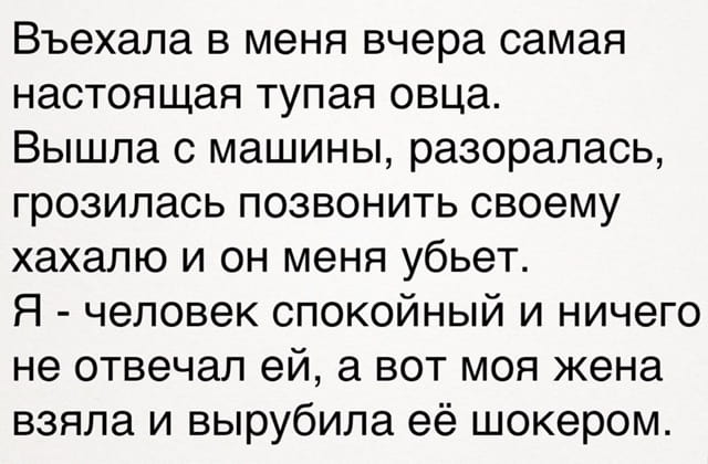Въехала в меня вчера самая настоящая тупая овца. Вышла с машины, разоралась, грозилась позвонить своему хахалю и он меня убьет. Я — человек спокойный и ничего не отвечал ей, а вот моя жена взяла и вырубила её шокером.

Описание картинки:
Мужчина рассказывает, как его жена решила конфликт на дороге.