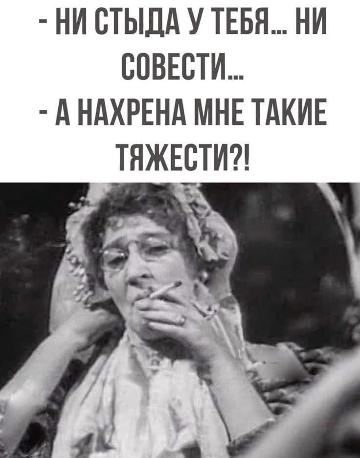 — НИ СТЫДА У ТЕБЯ… НИ СОВЕСТИ…
— А Нахр*на МНЕ ТАКИЕ ТЯЖЕСТИ?!

Описание картинки:
Диалог о стыде и совести, представленный как обмен репликами.