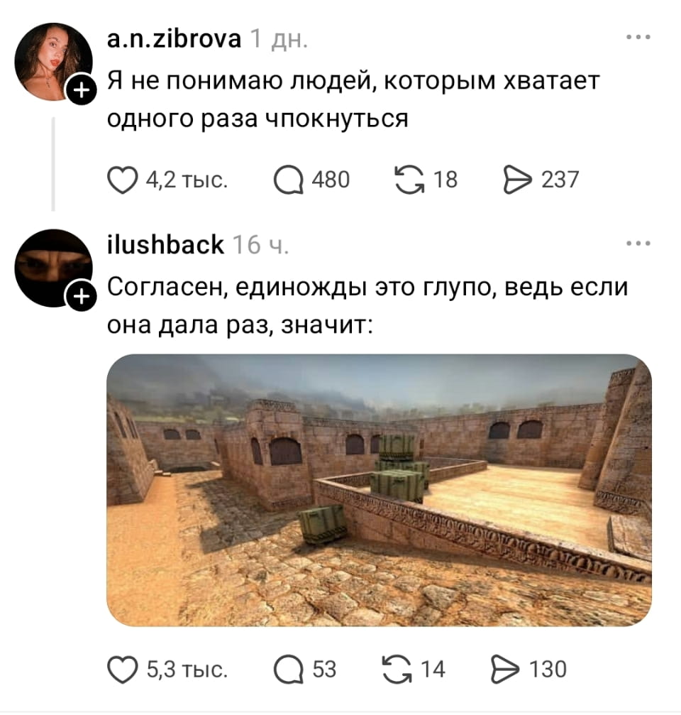 — Я не понимаю людей, которым хватает одного раза чпокнуться. <br /> — Согласен, единожды это глупо, ведь если она дала раз, значит: DE DUST 2. <br /> Описание картинки: <br /> Человек размышляет о странностях одиночного опыта.