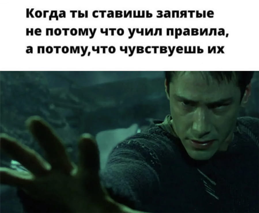 Когда ты ставишь запятые не потому что учил правила, а потому, что чувствуешь их 

Описание картинки: 
Текст о постановке запятых по интуиции, а не по правилам