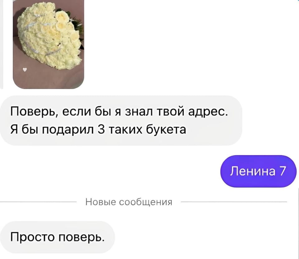 Поверь, если бы я знал твой адрес.
Я бы подарил 3 таких букета Ленина 7 Просто поверь.

Описание картинки:
Переписка: человек обещает букеты, но не знает адрес.