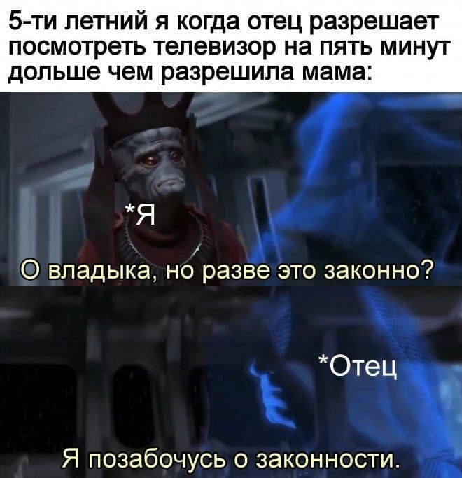 5-ти летний я когда отец разрешает посмотреть телевизор на пять минут дольше чем разрешила мама: <br /> О владыка, но разве это законно? <br /> *Отец Я позабочусь о законности. <br /><br /> Описание картинки: <br /> Мальчик спрашивает отца о законности, отец обещает позаботиться о законности.
