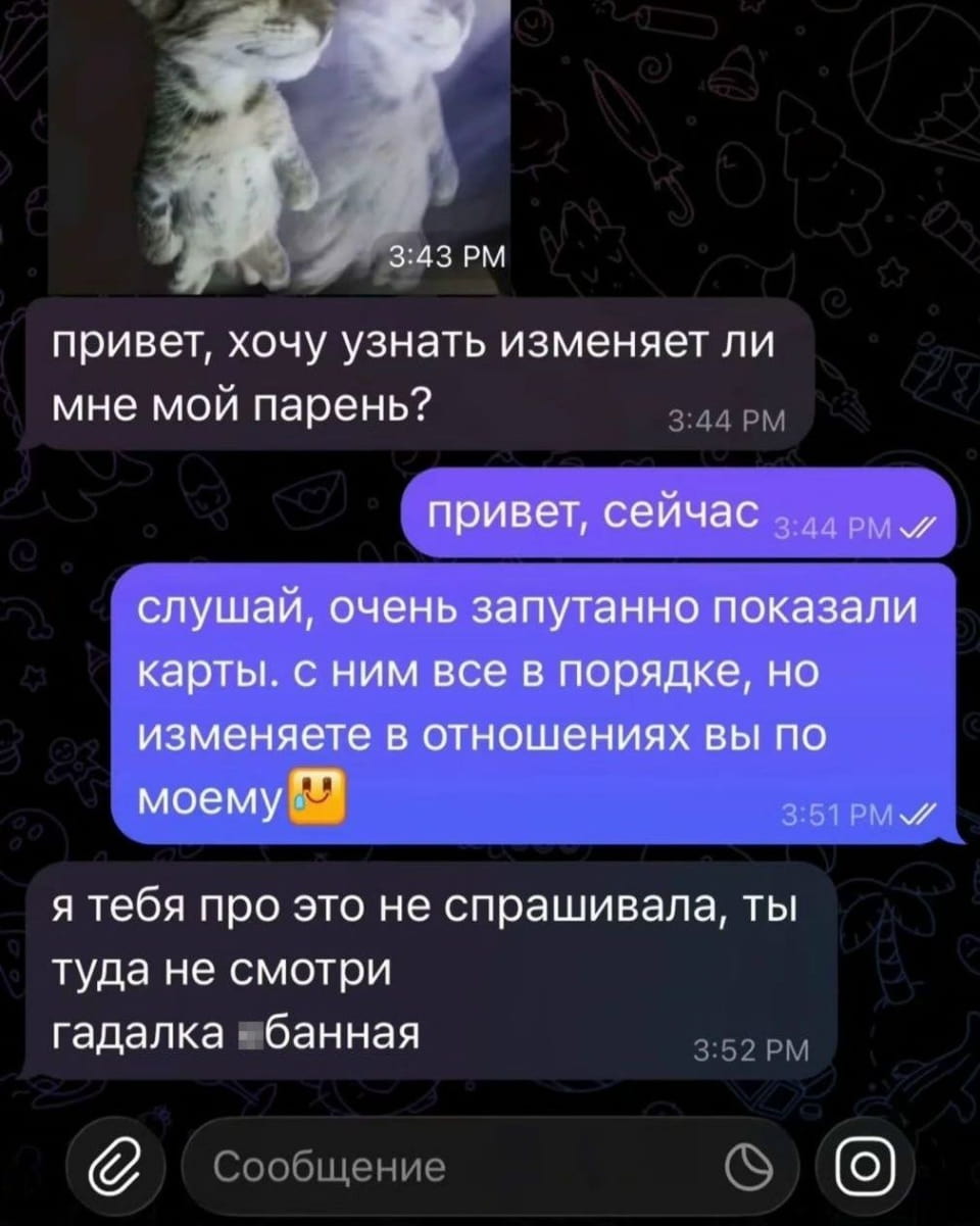 Привет, хочу узнать изменяет ли мне мой парень?
Привет, сейчас слушай, очень запутанно показали карты. с ним все в порядке, но изменяете в отношениях вы по моему я тебя про это не спрашивала, ты туда не смотри гадалка банная

Описание картинки:
Диалог девушки и гадалки о парне и измене.