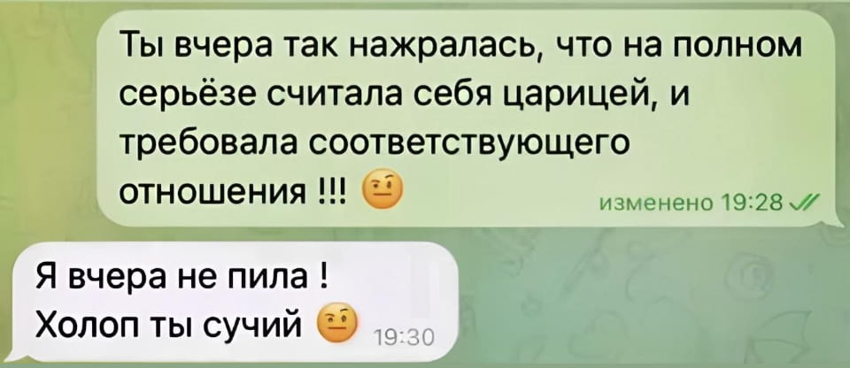 Ты вчера так нажралась, что на полном серьёзе считала себя царицей, и требовала соответствующего отношения!!! <br /> Я вчера не пила! <br /> Холоп ты сучий