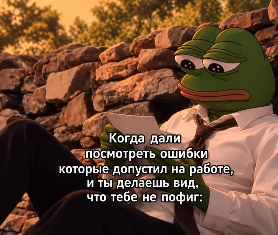 Когда дали посмотреть ошибки которые допустил на работе, и ты делаешь вид, что тебе не пофиг:

Описание картинки:
Человек смотрит на ошибки, делая вид, что ему не всё равно.