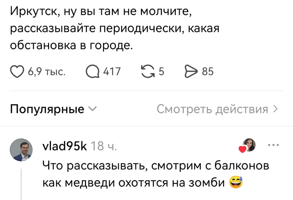 Иркутск, ну вы там не молчите, рассказывайте периодически, какая обстановка в городе. <br /> Что рассказывать, смотрим с балконов как медведи охотятся на зомби 😂 <br /><br /> Описание картинки: <br /> Жители Иркутска наблюдают с балконов за охотой медведей на зомби.
