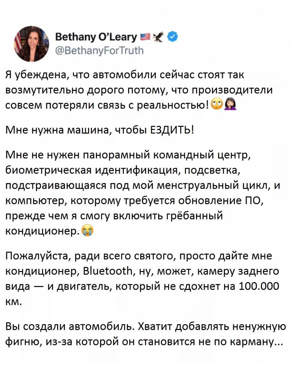 Я убеждена, что автомобили сейчас стоят так возмутительно дорого потому, что производители совсем потеряли связь с реальностью! Мне нужна машина, чтобы ЕЗДИТЬ! Мне не нужен панорамный командный центр, биометрическая идентификация, подсветка, подстраивающаяся под мой менструальный цикл, и компьютер, которому требуется обновление ПО, прежде чем я смогу включить грёбанный кондиционер. Пожалуйста, ради всего святого, просто дайте мне кондиционер, Bluetooth, ну, может, камеру заднего вида — и двигатель, который не сдохнет на 100.000 км. Вы создали автомобиль. Хватит добавлять ненужную фигню, из-за которой он становится не по карману…

Описание картинки:
Рассуждения женщины о современных автомобилях и их излишних наворотах.