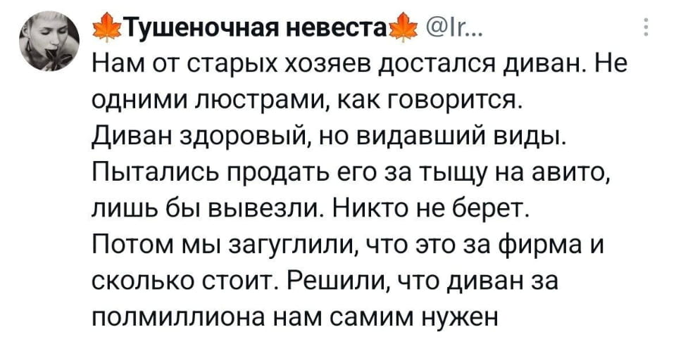 Нам от старых хозяев достался диван. Не одними люстрами, как говорится. Диван здоровый, но видавший виды. Пытались продать его за тыщу на авито, лишь бы вывезли. Никто не берёт. Потом мы загуглили, что это за фирма и сколько стоит. Решили, что диван за полмиллиона нам самим нужен.
Описание картинки:
Текстовая история про диван, который сначала хотели продать за бесценок.