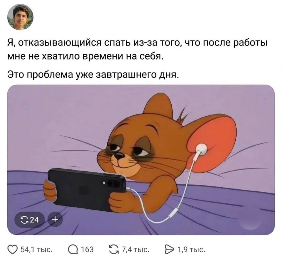 Я, отказывающийся спать из-за того, что после работы мне не хватило времени на себя. Это проблема уже завтрашнего дня.
Описание картинки:
Человек отказывается спать, размышляя о нехватке времени на себя.