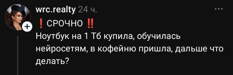 ! СРОЧНО!! Ноутбук на 1 Тб купила, обучилась нейросетям, в кофейню пришла, дальше что делать?

Описание картинки:
Текстовое сообщение с вопросом о дальнейших действиях после подготовки.