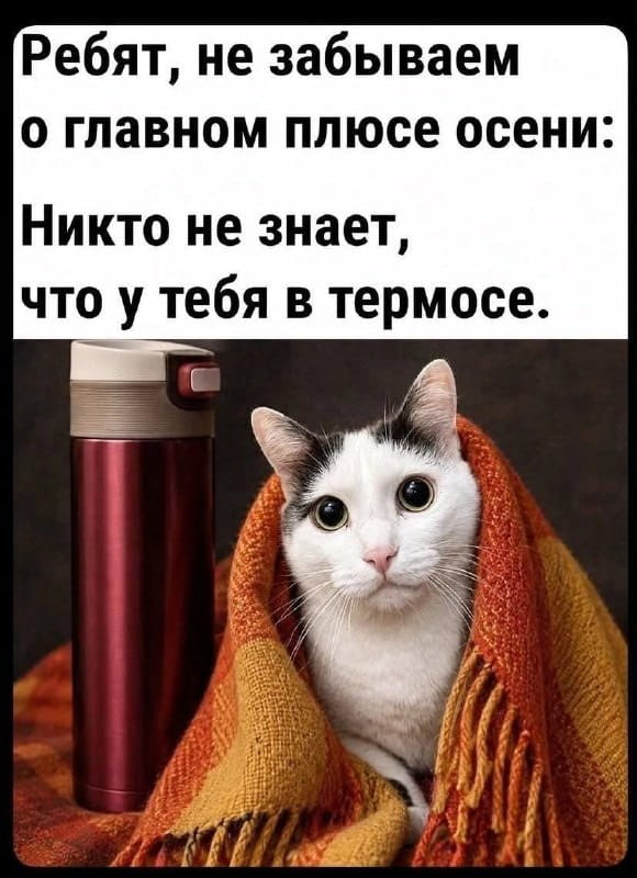 Ребят, не забываем о главном плюсе осени: Никто не знает, что у тебя в термосе. <br /><br /> Описание картинки: <br /> Текстовый анекдот о преимуществах осени и термоса.