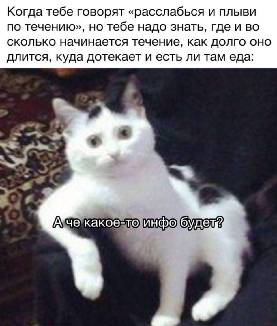 Когда тебе говорят «расслабься и плыви по течению», но тебе надо знать, где и во сколько начинается течение, как долго оно длится, куда дотекает и есть ли там еда: <br /> А че какое-то инфо будет? <br /><br /> Описание картинки: <br /> Проблема с отсутствием информации о течении и его подробностях.