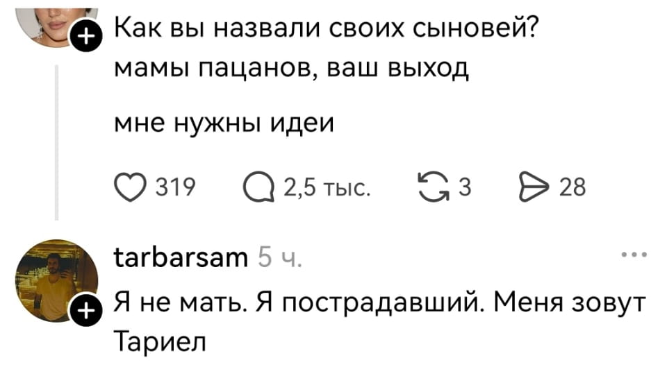 Как вы назвали своих сыновей? мамы пацанов, ваш выход мне нужны идеи Я не мать. Я пострадавший. Меня зовут Тарие́л <br /><br /> Описание картинки: <br /> Мама ищет идеи для имен сыновей, Тарие́л представляется пострадавшим.