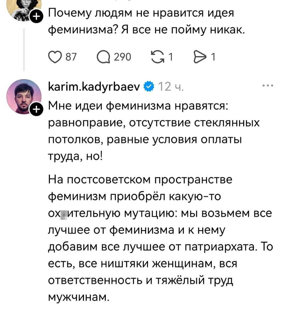 Почему людям не нравится идея феминизма? Я все не пойму никак.
Мне идеи феминизма нравятся: равноправие, отсутствие стеклянных потолков, равные условия оплаты труда, но! На постсоветском пространстве феминизм приобрёл какую-то охуительную мутацию: мы возьмем все лучшее от феминизма и к нему добавим все лучшее от патриархата. То есть, все ништяки женщинам, вся ответственность и тяжёлый труд мужчинам.

Описание картинки:
Текстовый пост про идеи феминизма и их мутацию.