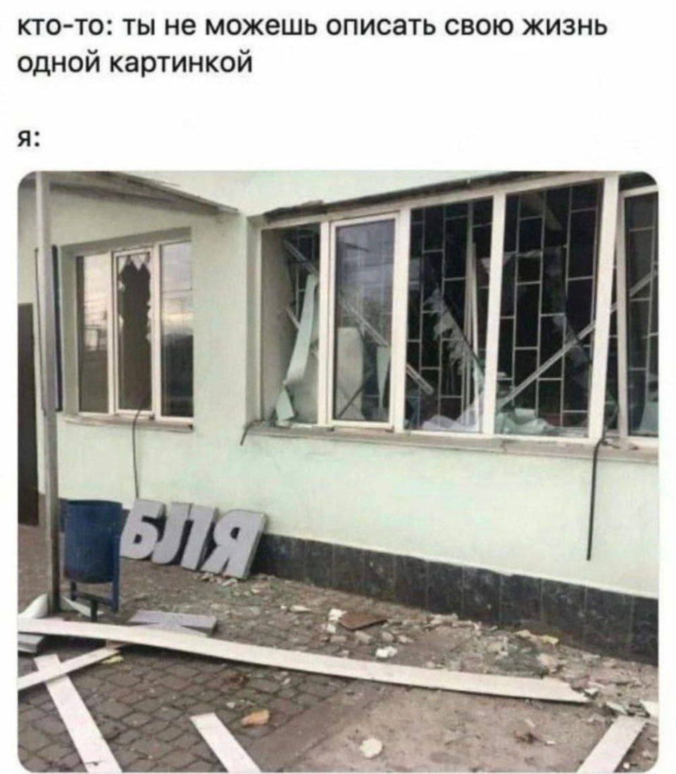 Кто-то: ты не можешь описать свою жизнь одной картинкой БЛЯ <br /><br /> Описание картинки: <br /> Человек делает неожиданное заявление о жизни и картинке.