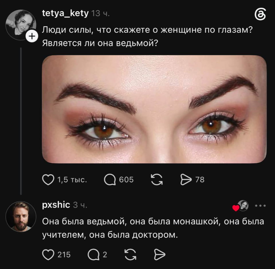 Люди силы, что скажете о женщине по глазам? Является ли она ведьмой?
Она была ведьмой, она была монахиней, она была учителем, она была доктором.

Описание картинки:
Текстовый диалог о характеристиках женщины по её роду деятельности.