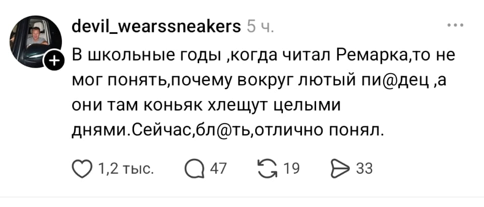 В школьные годы, когда читал Ремарка, то не мог понять, почему вокруг лютый пи@дец, а они там коньяк хлещут целыми днями. Сейчас, бл@ть, отлично понял.<br /><br />Описание картинки:<br />Текстовый анекдот, написанный пользователем.