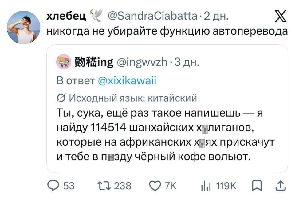 Никогда не убирайте функцию автоперевода Ты, сука, ещё раз такое напишешь — я найду 114514 шанхайских х*лиганов, которые на африканских х*ях прискачут и тебе в п*зду чёрный кофе вольют. <br /><br /> Описание картинки: <br /> Текстовое сообщение с угрозой из-за неправильной работы автоперевода.