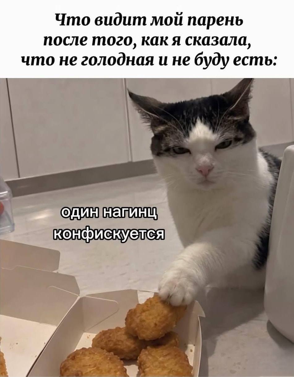 Что видит мой парень после того, как я сказала, что не голодная и не буду есть: один наггиц конфискуется 
Описание картинки: 
Парень ест наггетсы, девушка забирает один.