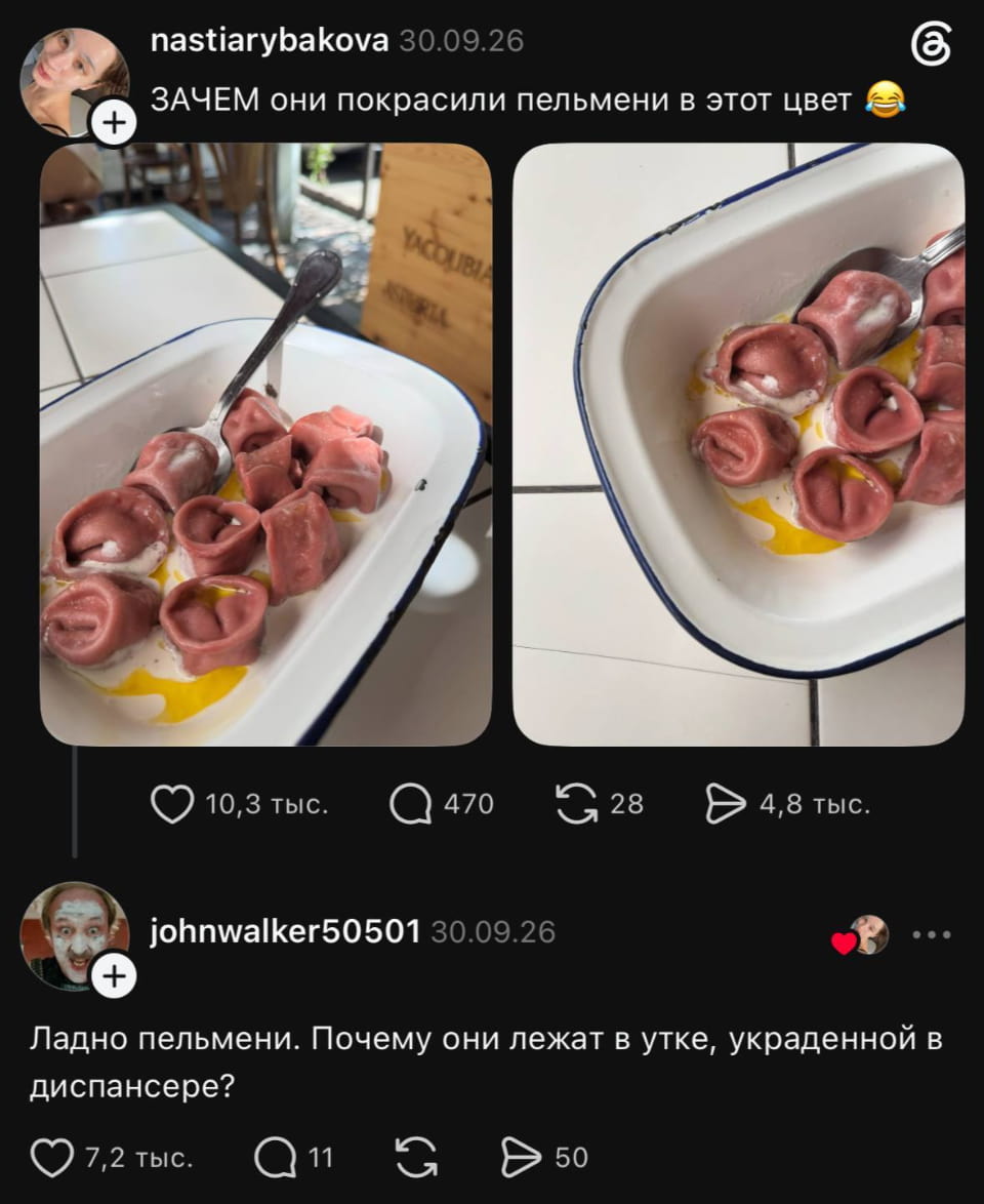 ЗАЧЕМ они покрасили пельмени в этот цвет 😂

Ладно пельмени. Почему они лежат в утке, украденной в диспансере?

Описание картинки:
Пельмени необычного цвета лежат в медицинской утке. | Жизненное