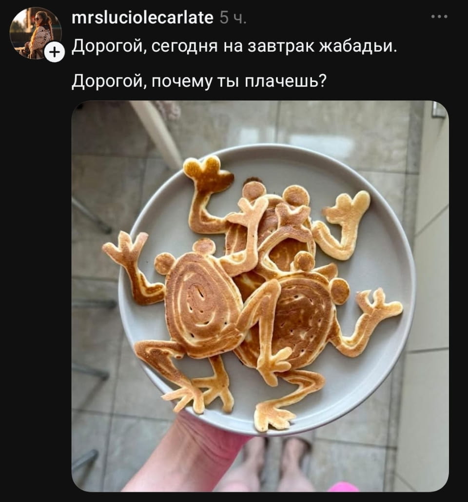 Mrsluciolecarlate Дорогой, сегодня на завтрак жабадьи.
Дорогой, почему ты плачешь?
Описание картинки:
Диалог между мужем и женой о завтраке, который вызвал у мужа слёзы.