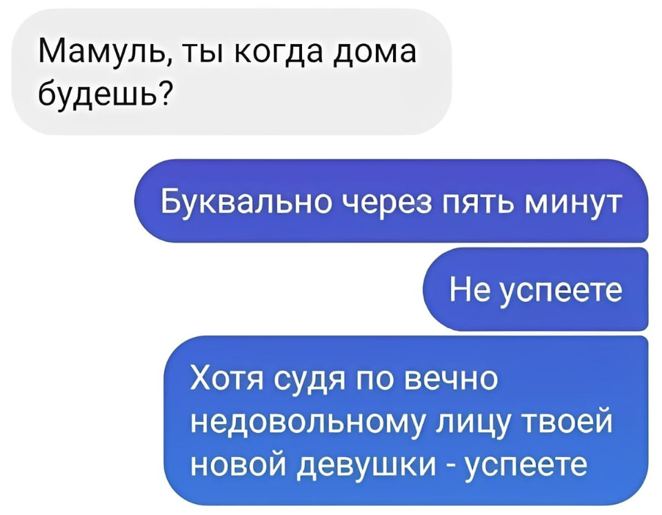 Мамуль, ты когда дома будешь? <br /> Буквально через пять минут Не успеете Хотя судя по вечно недовольному лицу твоей новой девушки — успеете <br /> Описание картинки: <br /> Сын спрашивает маму о приезде, зная о недовольном лице её девушки.