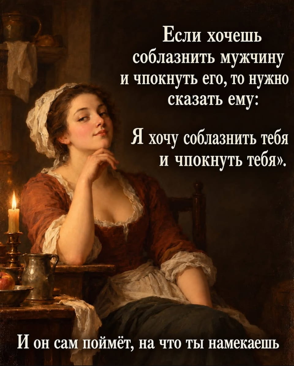 Если хочешь соблазнить мужчину и чпокнуть его, то нужно сказать ему: «Я хочу соблазнить тебя и чпокнуть тебя». <br />И он сам поймёт, на что ты намекаешь <br /><br />Описание картинки: <br />Текст про прямой способ соблазнения мужчины.