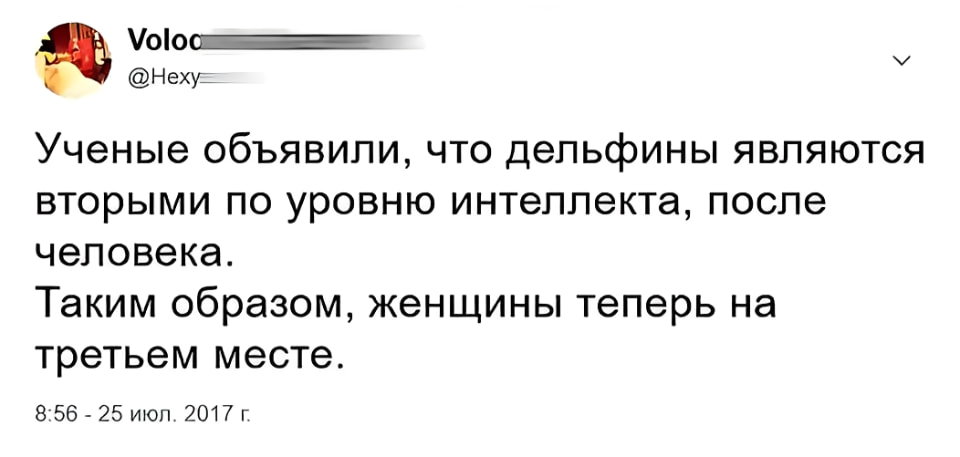 Учёные объявили, что дельфины являются вторыми по уровню интеллекта, после человека. <br />Таким образом, женщины теперь на третьем месте. <br />Описание картинки: <br />Ученые определили уровень интеллекта дельфинов и женщин. | Парни | Мужчины