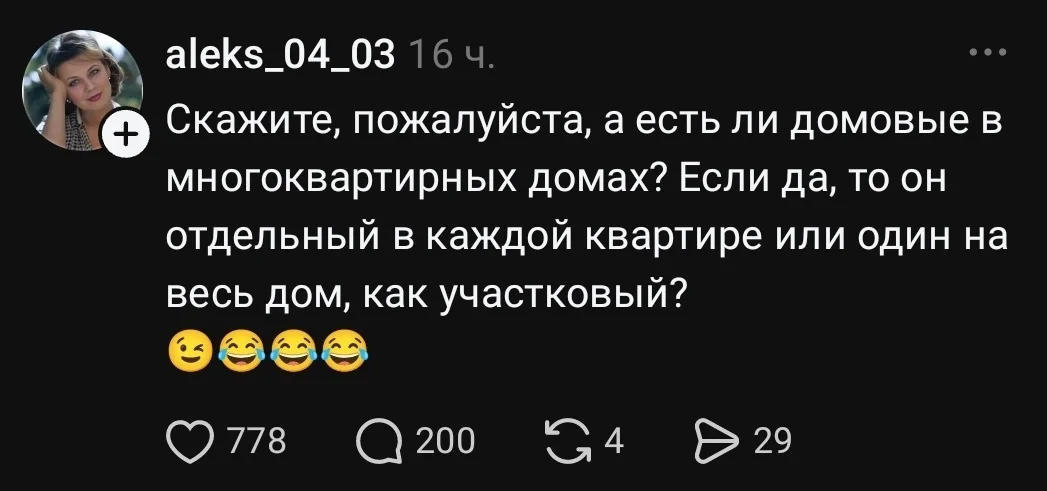 Aleks_04_03 Скажите, пожалуйста, а есть ли домовые в многоквартирных домах? Если да, то он отдельный в каждой квартире или один на весь дом, как участковый?
Описание картинки:
Вопрос о домовых в многоквартирном доме и их юрисдикции.