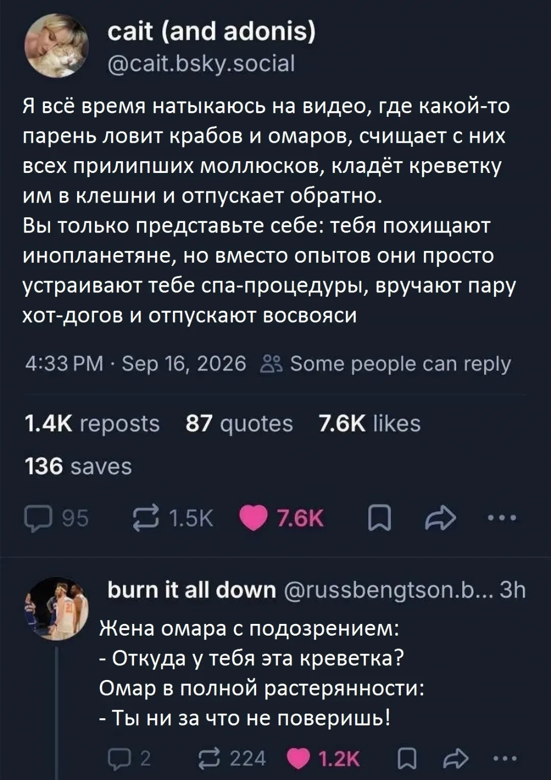 Cait (and adonis) Я всё время натыкаюсь на видео, где какой-то парень ловит крабов и омаров, счищает с них всех прилипших моллюсков, кладёт креветку им в клешни и отпускает обратно. Вы только представьте себе: тебя похищают инопланетяне, но вместо опытов они просто устраивают тебе спа-процедуры, вручают пару хот-догов и отпускают восвояси 4:33 PM · Sep 16, 2026 Some people can reply 136 saves burn it all down @russbengtson. b. <br /> Жена омара с подозрением: <br /> — Откуда у тебя эта креветка? <br /> Омар в полной растерянности: <br /> — Ты ни за что не поверишь! <br /> Описание картинки: <br /> Парень ловит крабов и омаров, чистит, кормит креветками и отпускает.