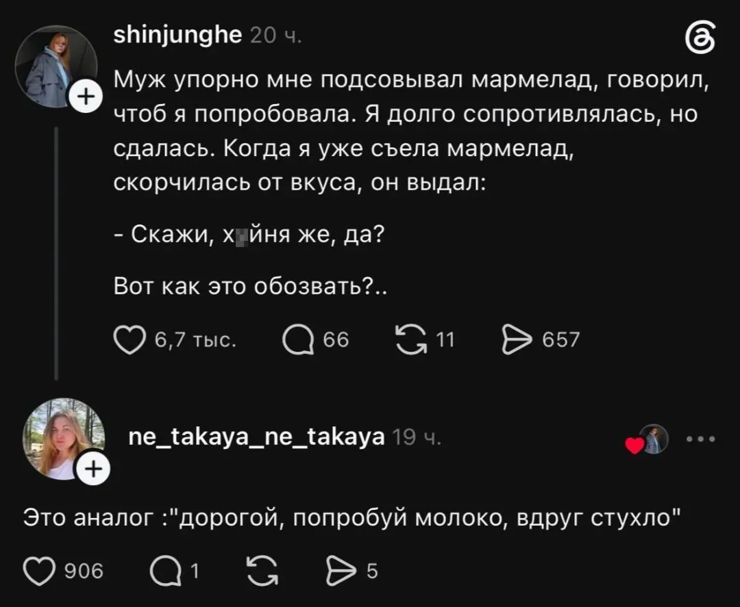 Shinjunghe Муж упорно мне подсовывал мармелад, говорил, чтоб я попробовала. Я долго сопротивлялась, но сдалась. Когда я уже съела мармелад, скорчилась от вкуса, он выдал:
Скажи, х*йня же, да?
Вот как это обозвать.

Ne_takaya_ne_takaya Это аналог: «дорогой, попробуй молоко, вдруг стухло»

Описание картинки:
Жена пробует мармелад, муж ждет реакцию.
