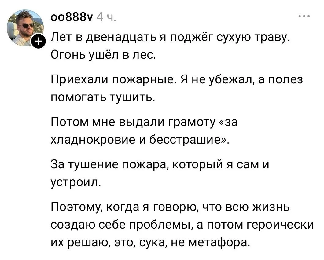 Лет в двенадцать я поджёг сухую траву. Огонь ушёл в лес. <br /> Приехали пожарные. Я не убежал, а полез помогать тушить. <br /> Потом мне выдали грамоту «за хладнокровие и бесстрашие». <br /> За тушение пожара, который я сам и устроил. <br /> Поэтому, когда я говорю, что всю жизнь создаю себе проблемы, а потом героически их решаю, это, сука, не метафора. <br /><br /> Описание картинки: <br /> Рассказ о детстве, пожаре и неожиданной награде.