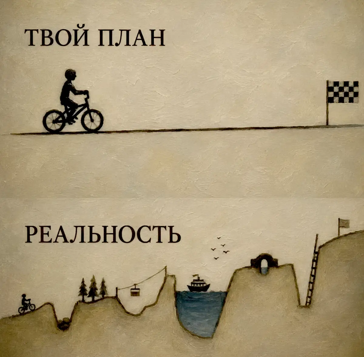 ТВОЙ ПЛАН РЕАЛЬНОСТЬ
Описание картинки:
Сравнение между планами и реальной жизнью.