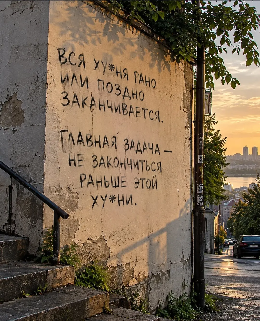 ВСЯ ХУ*НЯ РАНО ИЛИ ПОЗДНО ЗАКАНЧИВАЕТСЯ. <br /> ГЛАВНАЯ ЗАДАЧА <br /> НЕ ЗАКОНЧИТЬСЯ РАНЬШЕ ЭТОЙ ХУ*НИ. <br /><br /> Описание картинки: <br /> Текст на белом фоне о жизненной стратегии выживания.