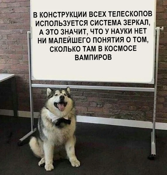 В КОНСТРУКЦИИ ВСЕХ ТЕЛЕСКОПОВ ИСПОЛЬЗУЕТСЯ СИСТЕМА ЗЕРКАЛ, А ЭТО ЗНАЧИТ, ЧТО У НАУКИ НЕТ НИ МАЛЕЙШЕГО ПОНЯТИЯ О ТОМ, СКОЛЬКО ТАМ В КОСМОСЕ ВАМПИРОВ <br /> Описание картинки: <br /> Текст о вампирах в космосе и зеркалах телескопов.