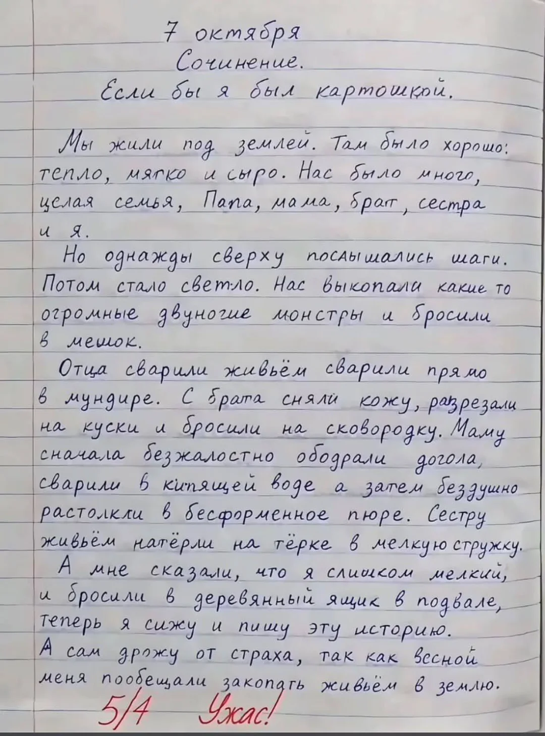 7 октября Сочинение.
Если бы я был картошкой.
Мы жили под землей. Там было хорошо:
Тепло, мягко и сыро. Нас было много, целая семья, Папа, мама, брат, сестра и я.
Но однажды сверху послышались шаги.
Потом стало светло. Нас выкопали какие-то огромные двуногие монстры и бросили в мешок.
Отца сварили живьём сварили прямо в мундире. С брата сняли кожу, разрезали на куски и бросили на сковородку. Маму сначала безжалостно ободрали догола, сварили в кипящей воде, а затем бездушно растолкли в бесформенное пюре. Сестру живьём натёрли на тёрке в мелкую стружку.
А мне сказали, что я слишком мелкий, и бросили в деревянный ящик в подвале, теперь я сижу и пишу эту историю.
А сам дрожу от страха, так как весной меня пообещали закопать живьём в землю.
5/4 Ужас!
Описание картинки:
Текст сочинения школьника на тему «Если бы я был картошкой».