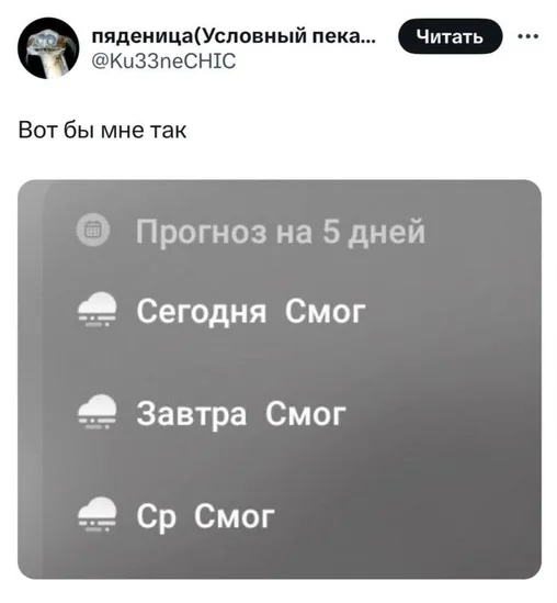 Пяденица(Условный пека. Читать Вот бы мне так Прогноз на 5 дней Сегодня Смог Завтра Смог Ср Смог
Описание картинки:
Прогноз погоды на 5 дней: вместо ясной картины — везде смог.