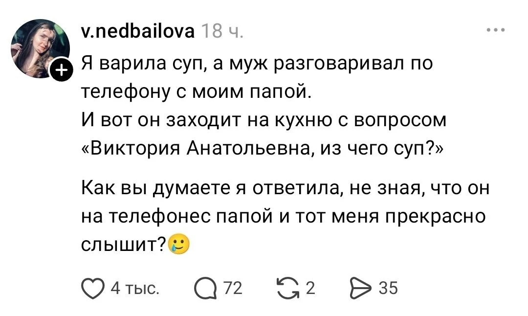Я варила суп, а муж разговаривал по телефону с моим папой.
И вот он заходит на кухню с вопросом «Виктория Анатольевна, из чего суп?» Как вы думаете я ответила, не зная, что он на телефонес папой и тот меня прекрасно слышит?
Описание картинки:
Муж спрашивает о супе, не зная, что его слышит тесть.