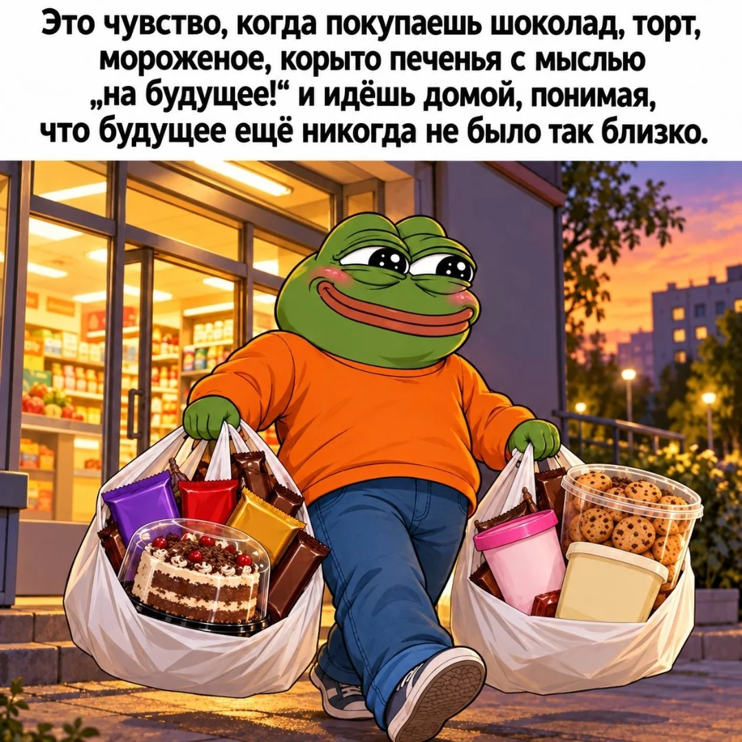 Это чувство, когда покупаешь шоколад, торт, мороженое, корыто печенья с мыслью „на будущее!“ и идёшь домой, понимая, что будущее ещё никогда не было так близко.
Описание картинки:
Покупка сладостей с мыслью о будущем, которое уже очень близко.